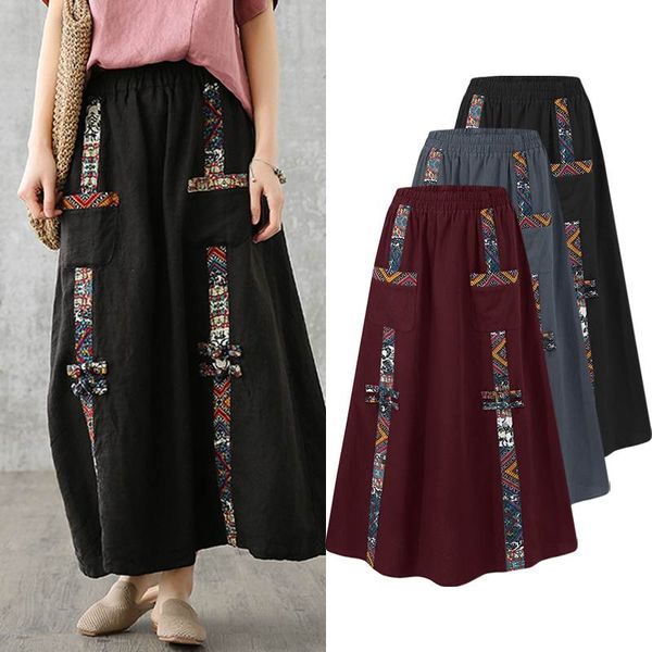 

zanzea women ethnic print skirt vintage midi skirt casual elastic waist patchwork summer cotton linen skirts jupe faldas saia, Black