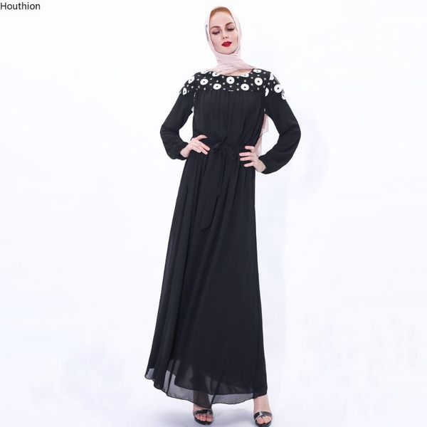 

houthion women's dress new fashion muslim dress temperament round neck small daisy mesh embroidery elegant long-sleeved, Black;gray
