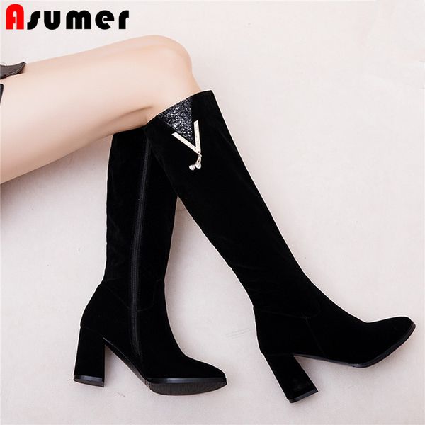 

asumer 2020 new arrival knee high boots women flock zip high heels autumn winter boots solid colors party wedding shoes woman, Black