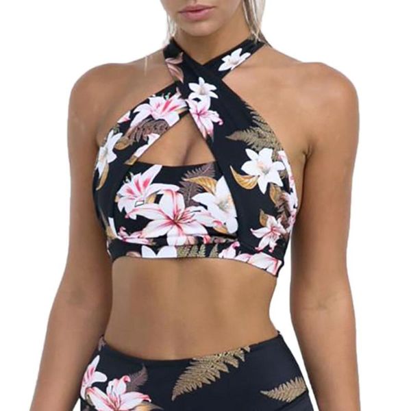

gym clothing strappy cross bandage push up sports vest with floral prints running fitness yoga (detachable & washable chest pads), White;black