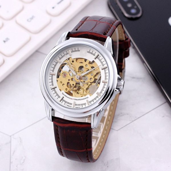 

2020 luxury mens watches three needle series automatic mechanical watch designer watches omg brand genuine leather strap fashion wristwatch, Slivery;brown