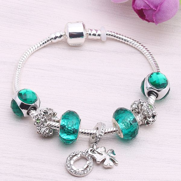 

valentine's day gift silver plated hope clover pendant daisy spacer charm fit fine bracelet for women jewelry, Red;blue