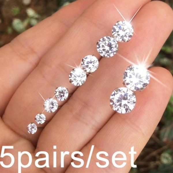 

5 pairs/set hypoallergenic crystal ear stud earrings 2 3 5 6 8 mm women girls lady zircon earrings, Golden;silver