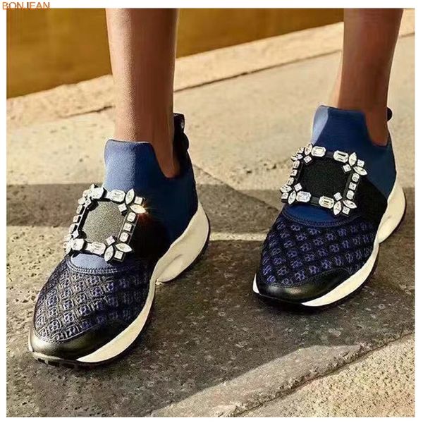 

new mesh crystal trainers sneakers fashion women casual shoes thick bottom platform rhinestone luxury flat shoes, Black