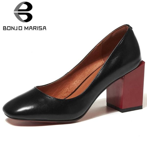 

bonjomarisa ladies concise genuine leather high heels shallow pumps women elegant square toe dress shoes woman, Black