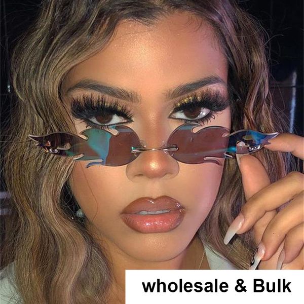 

wholesale fashion fire flame sunglasses women men designer rimless eyewear luxury mirror narrow sun glasses bulk shades uv400, White;black