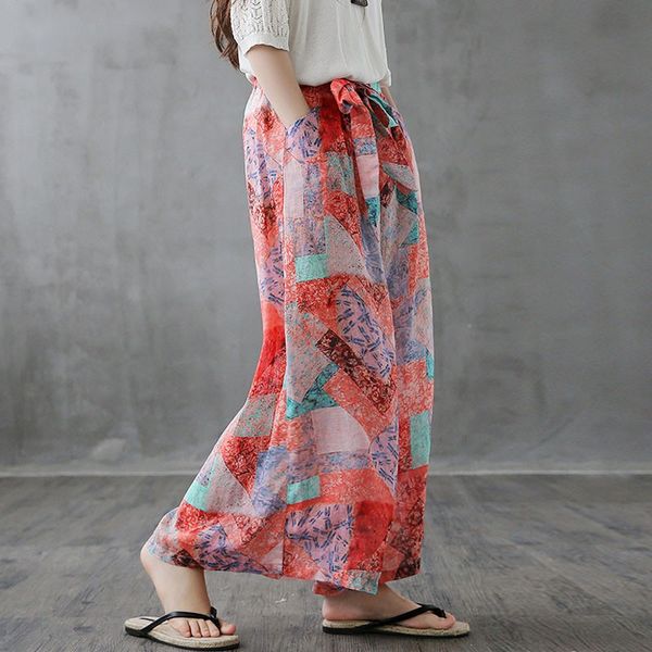 

qpfjqd summer autumn vintage elastic waist cotton linen lace up long print pants loose casual women wide leg trouser full length, Black;white