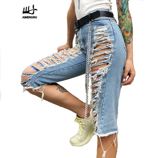 

aimenunu summer ripped hole knee length denim pants women high waist irregular slim jeans female fashion 2020 streetwear, Blue