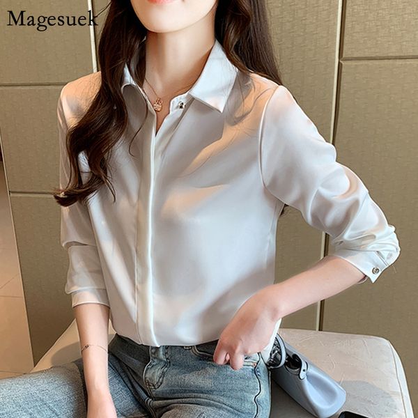 

2020 autumn long sleeve white shirt women office lady solid women blouses lapel collar cardigan casual silk blouse blusas 10618
