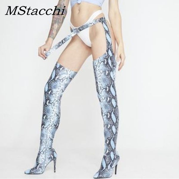 

mstacchi new snake prints women over the knee waist belt buckle boots pointed toe ladies thin high heels long boots women, Black