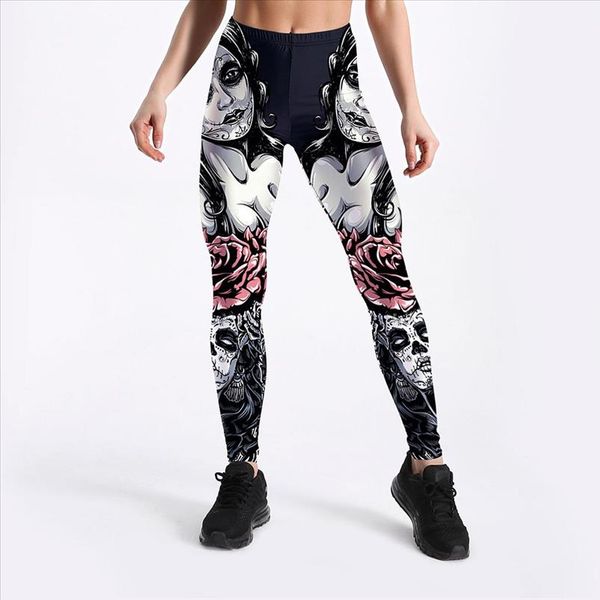 

youre my secret] 2020 new trendy leggins for women sugar skull rose girl legging push up fitness ankle pants, Black