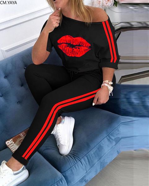 

cm.yaya autumn sport lips print striped women's set jogger pants suit active wear tracksuit two piece set fitness outfit, Gray