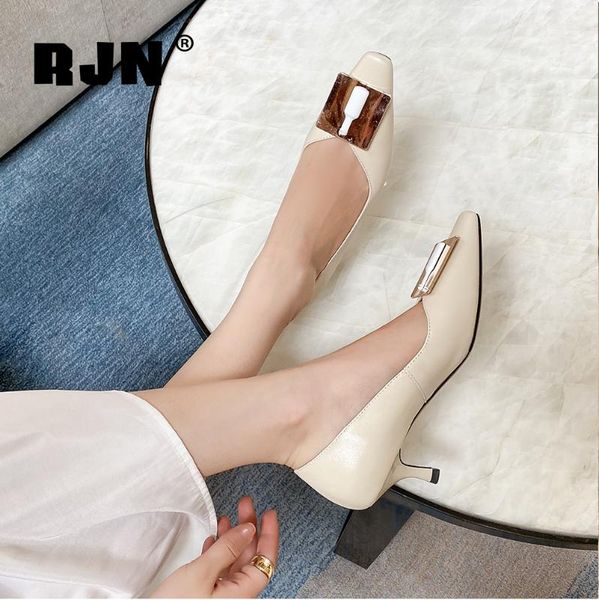 

rjn new stylish lady pumps unique metal decoration little square toe cow leather women shoes elegant shoes ro271, Black