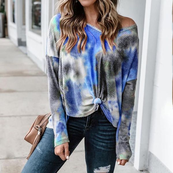

women's blouses & shirts 2021 fashion autumn long-sleeved shirt v-neck tie-dye blouse printed loose sweater drop, White