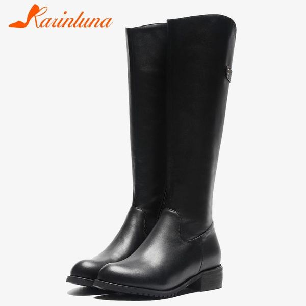 

karin brand new 2020 genuine leather classic square heels winter shoes women knee high riding boots female, Black
