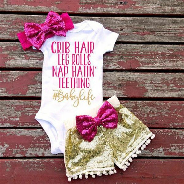 

3pcs summer baby girl clothes summer bodysuits lovely newborns sequined pants bow headhand outfits clothing set 0-24m, White