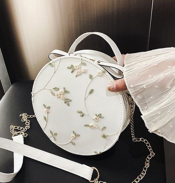 

2020 new sweet lace round handbags pu leather women crossbody bags female small fresh flower chain shoulder