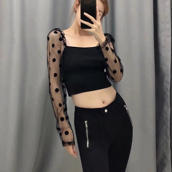 

women's t-shirt t-shirts polka dot mesh puff long sleeve crop patchwork black t shirt for women harajuku clothes fall 2021 clothing, White