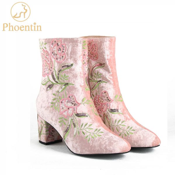 

boots phoentin embroidery pink women ankle with zip 2021 velvet autumn shoes middle square heels flower caramel ft505, Black