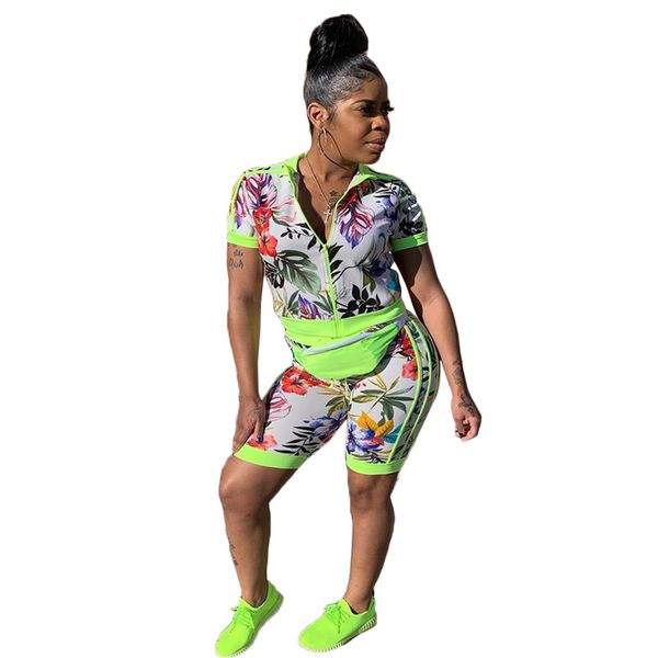 

women's two piece pants plus size casual set summer short tracksuit women floral print crop and shorts sports suit, White