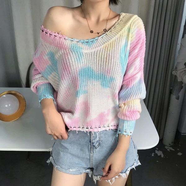 

new arrival deep v-neck sweater women tie dye knitted pink pullovers ladies girls loose plus size autumn sweaters, White;black