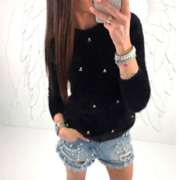 

autumn winter sweater women pullovers bead plush knitted sweater female pull femme hiver jersey mujer, White;black
