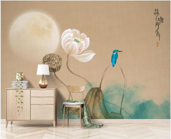

wallpapers wall paper 3 d custom po any size mural chinese style retro ink lotus bird moon home decor wallpaper rolls in the room