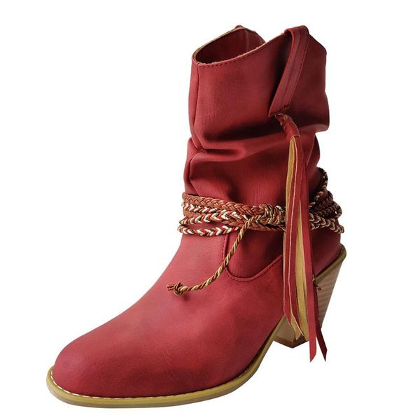 

fashion vintage women boots roman pure color round toe slip-on square heels booties femme hiver 2020 plus size 35-43 shoes, Black