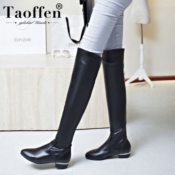 

taoffen 2020 women knee high boots pu leather simple retro flats party long boots slip on winter shoes woman size 34-43, Black
