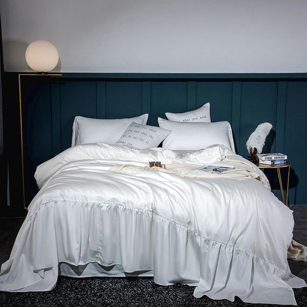 

44 wide mermaid long ruffles duvet cover 100%cotton solid color white bedding set soft bed sheet set pillowcases  king 4pcs