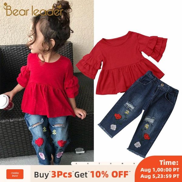 

bear leader fashion summer casual clothes sets 1-6y toddler baby girls petal sleeve red t-shirts floral print hole pants, White