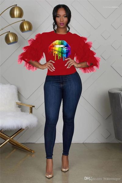 

fashion cascading gauze sleeve ladies casual clothes lgbt womens designer tshirt rainbow colors lip printed clothes, White