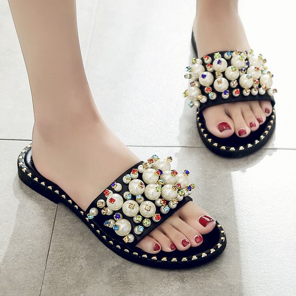 

fashion pearl sandals colored rhinestone slippers women sandals summer shoes woman beach shoes wedding jelly buty damskie sexy, Black