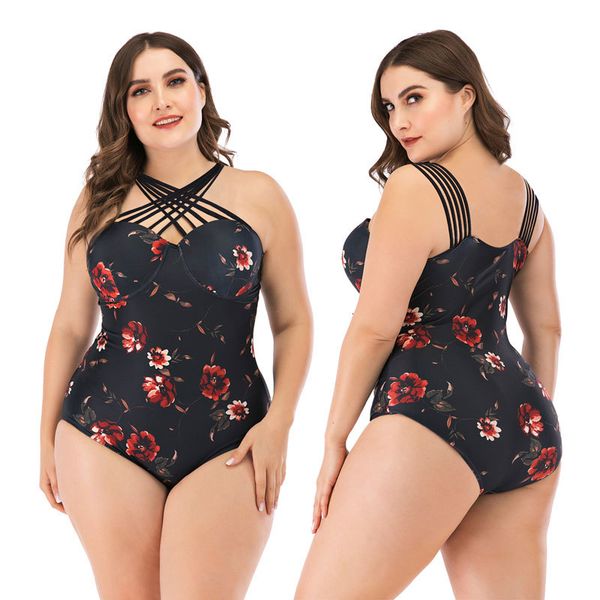 

l-4xl plus size bikini print halter swimsuit women large sizes swimwear retro bathing suit high waisted swimsuit strappy bikini