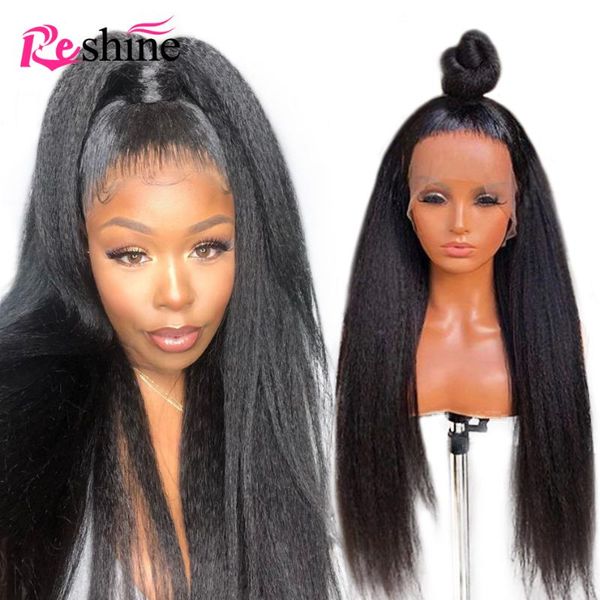

lace wigs reshine kinky straight wig 13x4 front human hair european yaki pre plucked with baby, Black;brown