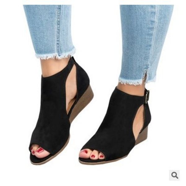 

2020 сандалии черные обувь для женщин клин летние heels большой размер открытым носком женской бежевый на женский комфорт блок закрыто, Black