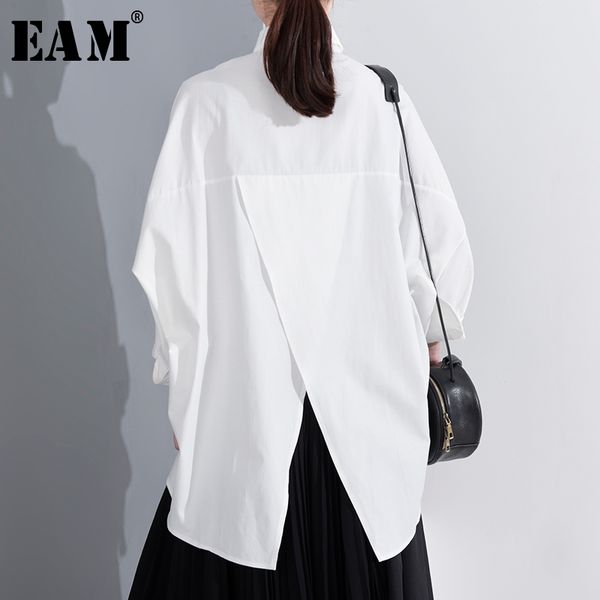 

eam] women white irregular hem big size blouse new lapel long sleeve loose fit shirt fashion tide spring summer 2020 js92100