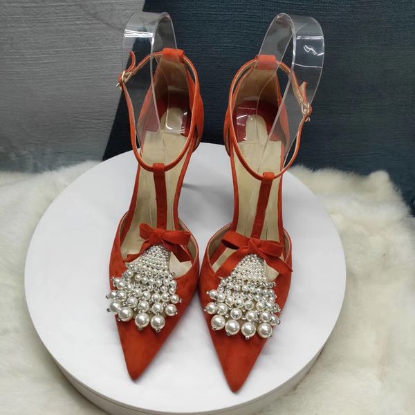 

knockout2020 ankle latest design strap bead buckle t-strap suede cloth genuine leather inside women dress sandals shoes thin hig, Black