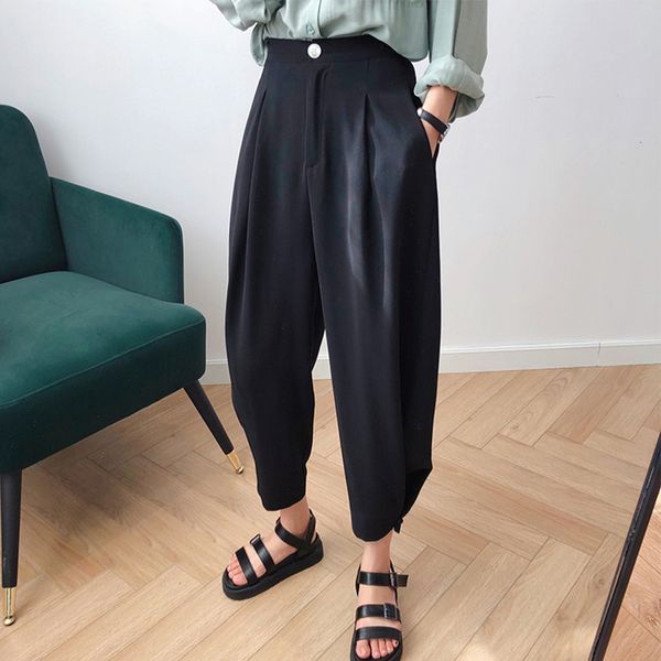 

сыпучие слаксы брюки женский wide leg твердая брюки гарем женщины белый высокой талией для офиса вскользь britches корейский уличная мода, Black;white