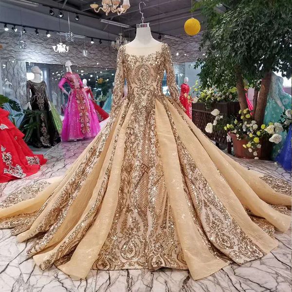 

2020 super bright gold sequin luxury long sleeve dress simple wedding dress muslim custom processing high-end customization, White