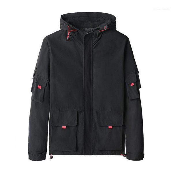 

mens hit color drawstring printed jacket fashion solid color multi pocket casual hooded cardigan fashion male clothing, Black;brown