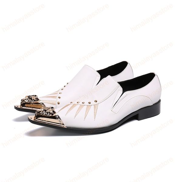 Partido Prom sapatos de dança de grande tamanho metálico pontiagudo Toe Mulheres de couro branco Formal Shoes Handmade Bordados Homens