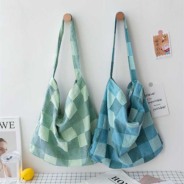 

ecology natural cotton big capacity hobo bag 2020 teenager youth girls summer gingham plaid fabric slouch shoulder bag for women