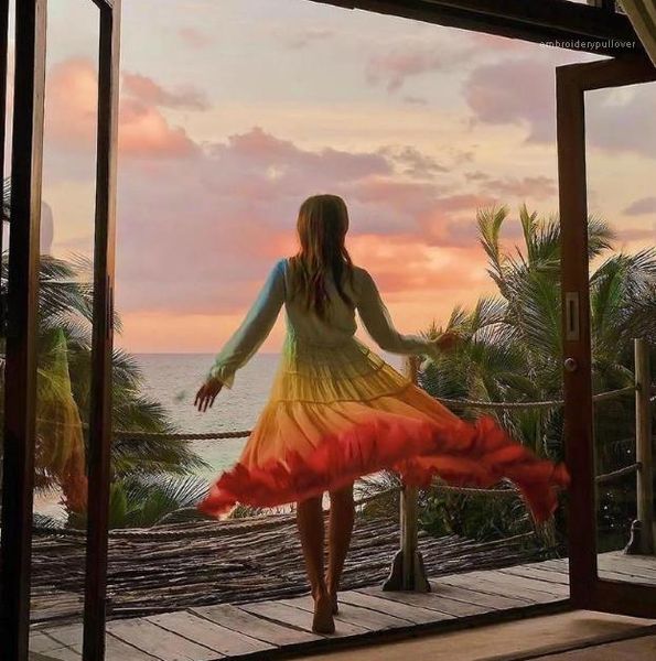 

gradient color long sleeve v neck women beach dresses casual womens dresses summer women dresses bohemian style, Black;gray