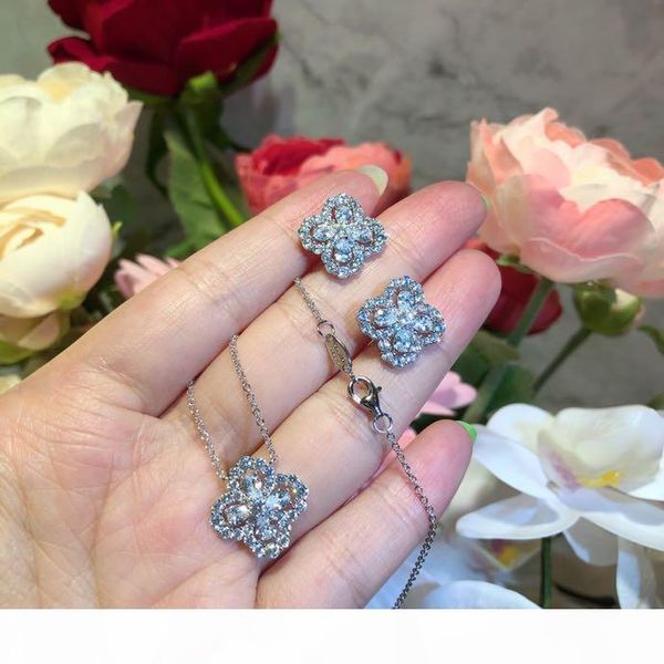 

luxury classic designer s925 sterling silver full zircon four leaf clover flower stud earrings for women jewelry, Golden