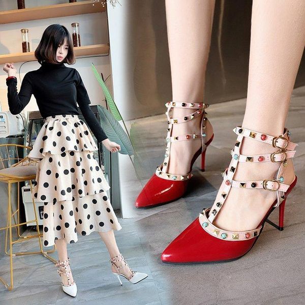 

2019 summer tip thin shoes women's shoes personality rivet high heels nightclub single shoes, Black