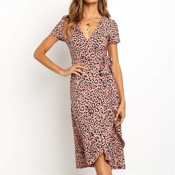 

Summer Leopard Dress 2019 Women Long Wrap Beach Dress Sexy V-neck Short Sleeve Elegant Bodycon Party Dress Sundress Vestidos