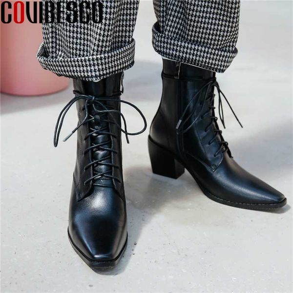 

boots covibesco 2021 autumn winter basic women ankle genuine leather shoes woman thick heels cross-tied zipper casual, Black