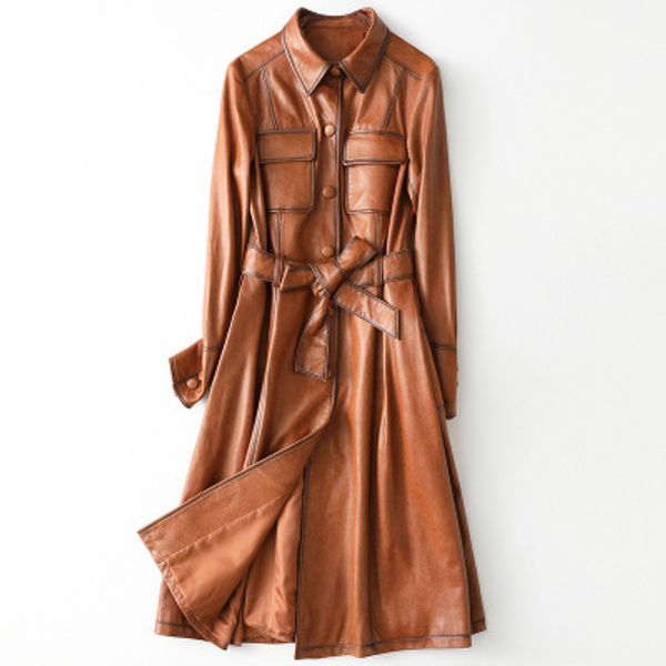 

2020 new fashion genuine sheep leather trench h49, Tan;black