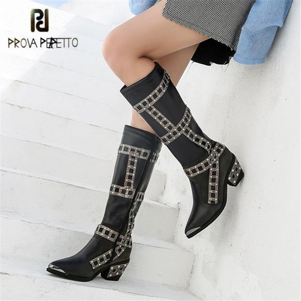 

prova perfetto fashion women knee high boots pointed toe rivets studded female high boots platform heel rubber botas mujer, Black